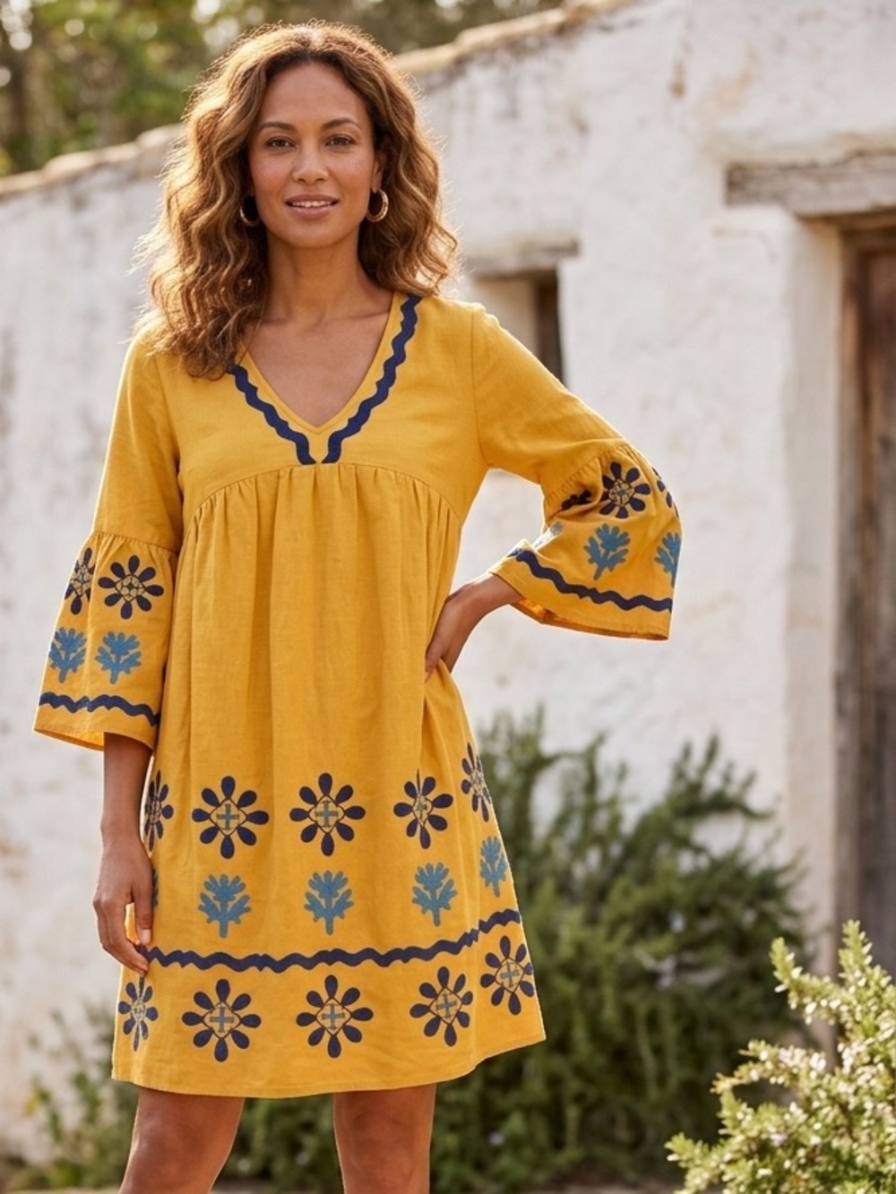 Soft Surroundings Petra Yellow Blue Embroidered Boho Tunic Dress Bell Sleeve PXS